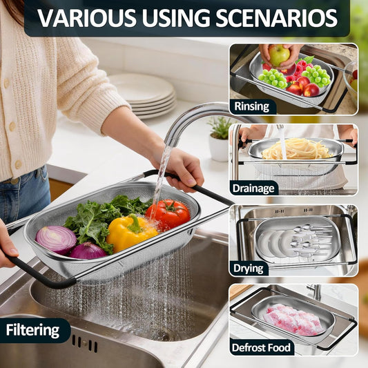 Over the Sink Colander - Strainers and Colanders - Sink Strainer Basket - Expandable Fine Mesh Strainer with Rubber Grip for Veggie, Fruits, Pasta