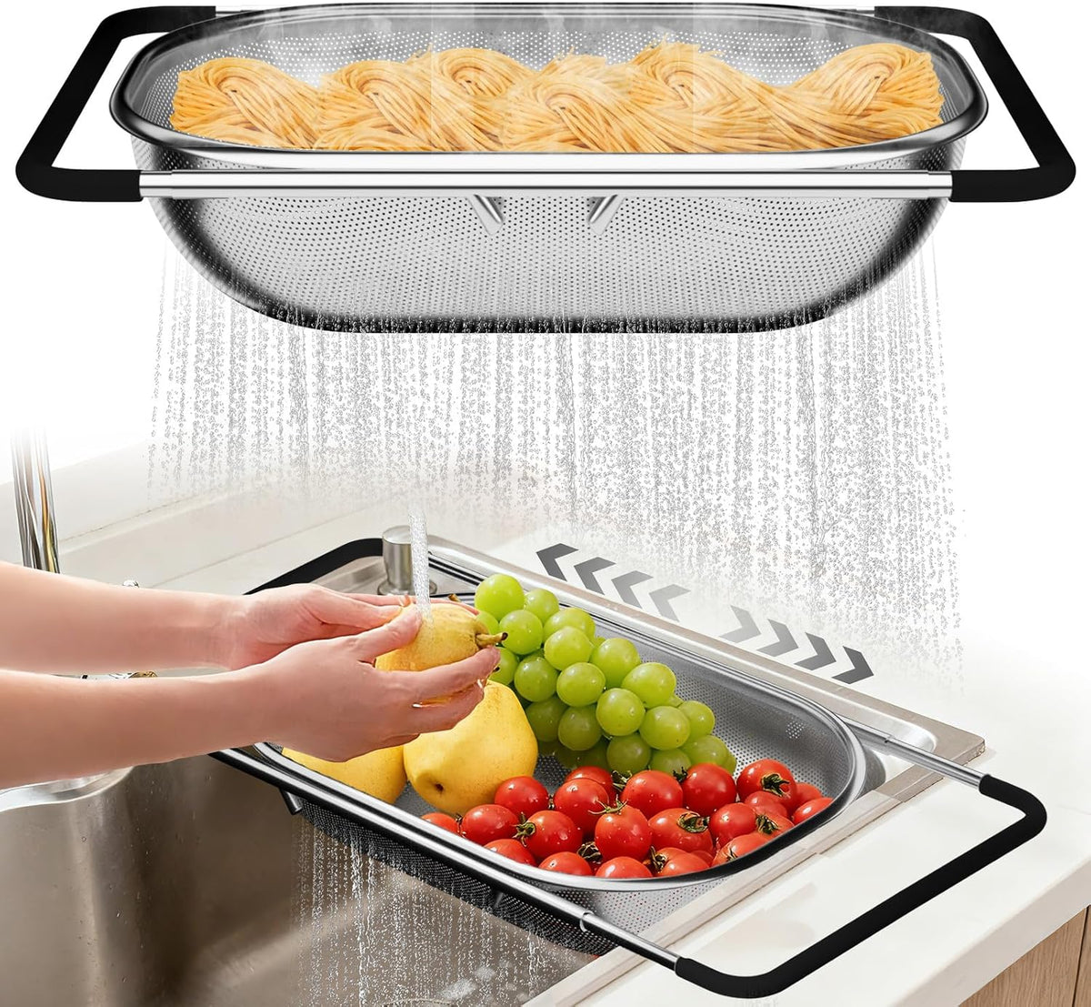 Over the Sink Colander - Strainers and Colanders - Sink Strainer Basket - Expandable Fine Mesh Strainer with Rubber Grip for Veggie, Fruits, Pasta
