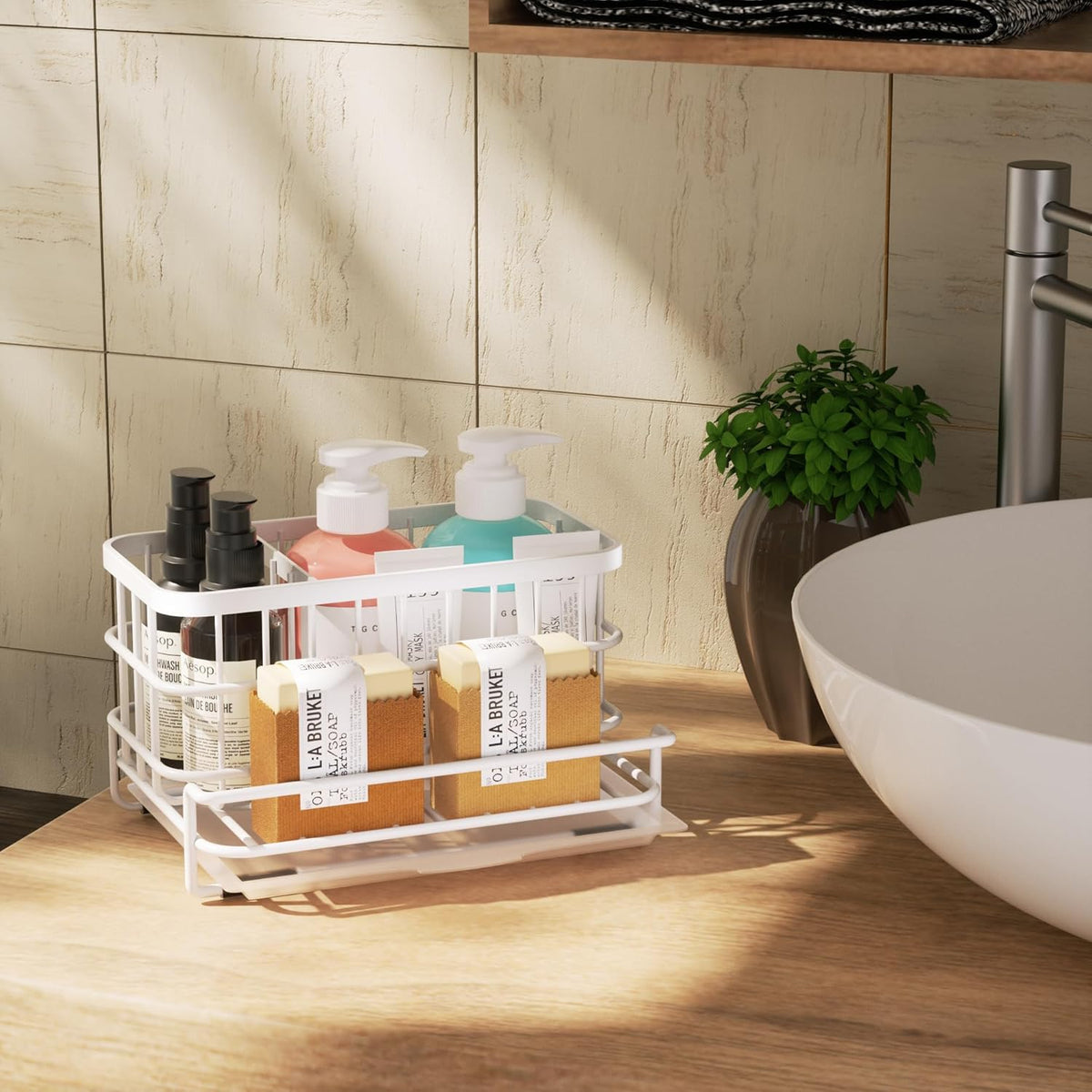 Kitchen Sink Organizer, SUS304 Stainless Steel Rustproof Multifunctional Large Sink Caddy with Sponge Holder and Drain Tray for Kitchen Countertop (Silver)
