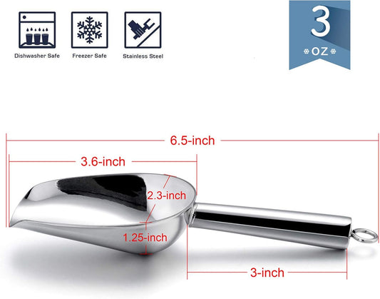Mini Ice Scoop Set of 2, 3 Ounce Stainless Steel Scoops for Ice Cube/Candy/Flour/Sugar, Metal Utility Scoops for Canisters, Baking, Kitchen Pantry, Rust Proof & Dishwasher Safe