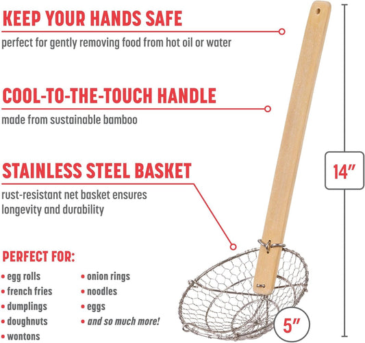 Kitchen Spider Strainer Stainless Steel 5-Inch Wire Basket with Heat-Resistant Bamboo Handle