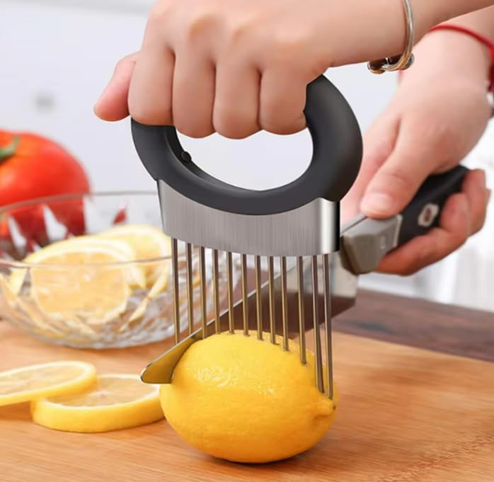 Onion Holder & Food Slicer Cutter Tool – Stainless Steel Vegetable & Fruit Slicing Assistant for Easy, Safe Cutting (Black)