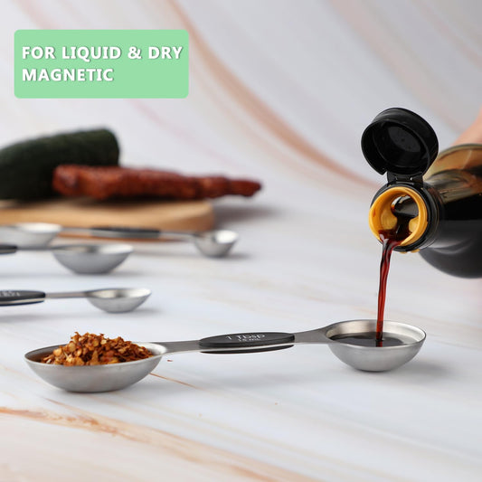 Magnetic Measuring Spoons Set of 9 Stainless Steel Dual Sided Teaspoon | Tablespoon Nesting Measuring Spoon for Measuring Dry and Liquid Ingredients Fits in Spice Jar