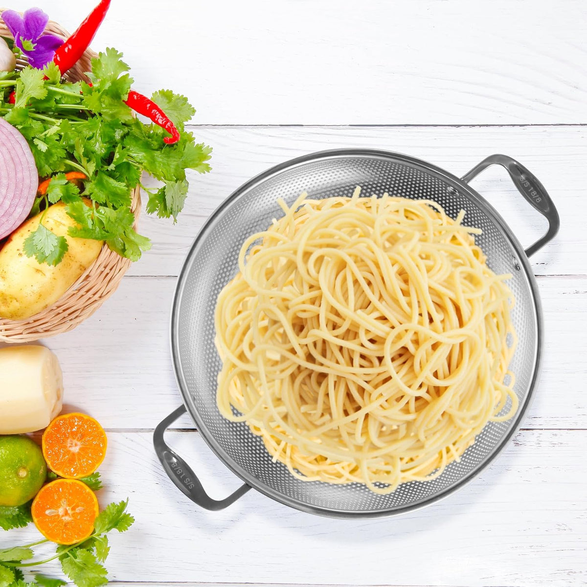 Large 6-Qt Colander, 18/8 Stainless Steel Mesh Strainer for Kitchen, Food Sieve with Riveted Handles and Self-draining Solid Ring Base, Great for Pasta, Rice, Vegetables and Fruits