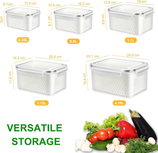 5 Pack Fruit Storage Containers for Fridge Food Container with Colander Airtight BPA Free Plastic Berry Keeper Produce Vegetable Saver Bins Keep Fresh