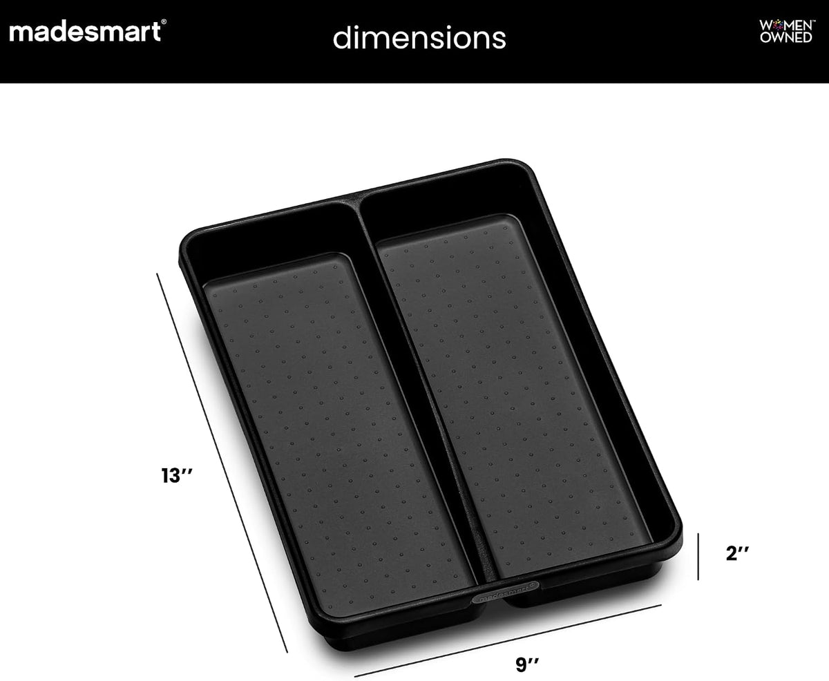 Classic 2 Compartment Compact Kitchen Tool Tray, White | non slip feet, rounded corners, soft grip lining, wide channels, spatulas whisks tongs, ladles serving spoons, woman owned