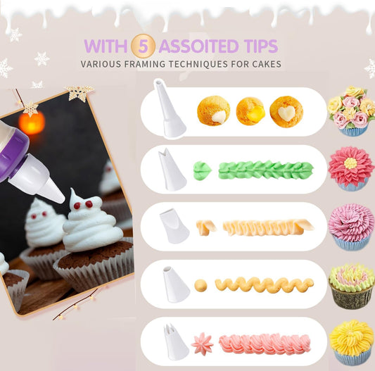 15 Pcs Cake Decorating Baking Syringe Tool Kit, Cupcake Filling Injector with Icing Nozzles Cream Scrapers Nozzle Brush Flower Nail Lifter Scissors Pastry Frosting Gun Piping Kit for Cookies
