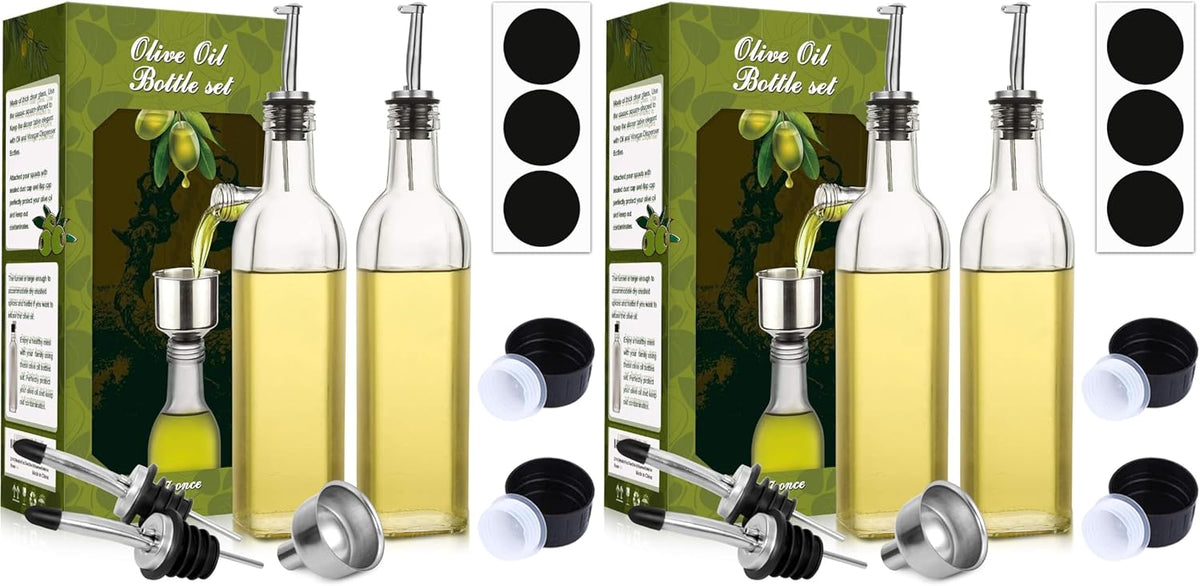 17 oz Glass Olive Oil Dispenser Bottle Set - 500ml Clear Oil & Vinegar Cruet Bottle with Pourers, Funnel and Labels