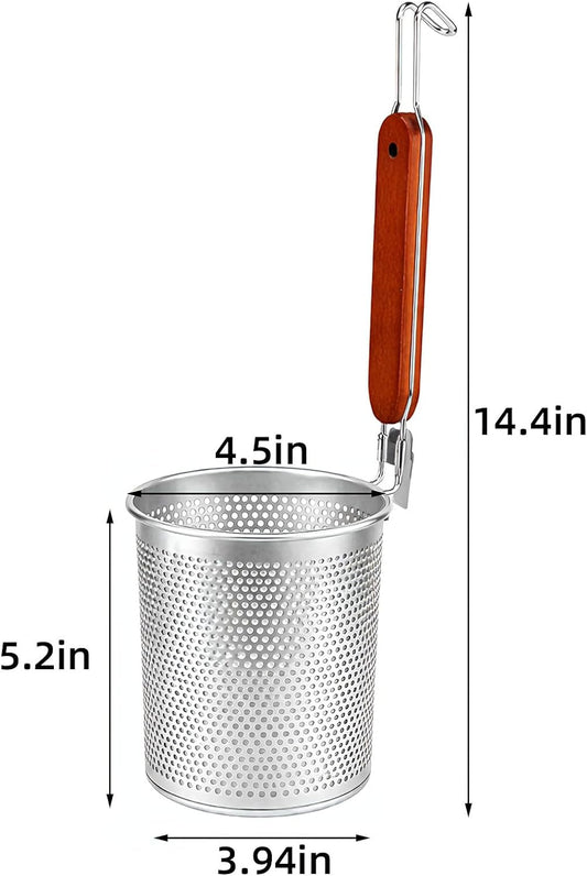 Lawei 3 Pack Pasta Basket Strainer, Stainless Steel Mesh Noodle Strainer with Wooden Handle for Cooking, Boiling, Kitchen Fine Sieve Ramen Spaghetti Basket for Noodles Dumpling Vegetable