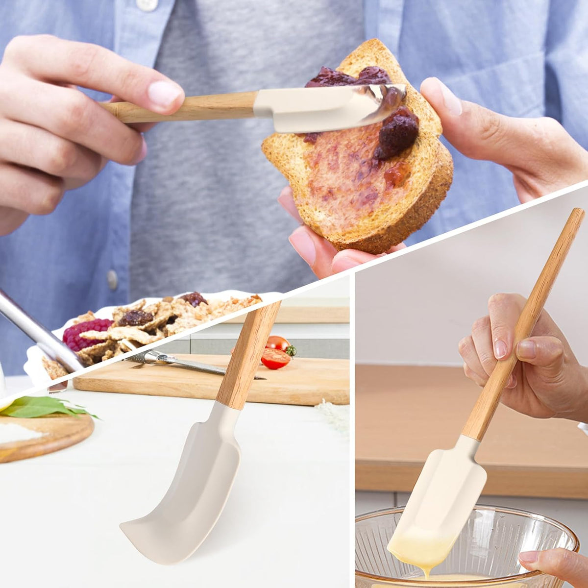 Wooden Handle Spatula Set, 12" & 9" Rubber Spatula Silicone Spatulas for Baking Cooking and Mixing.