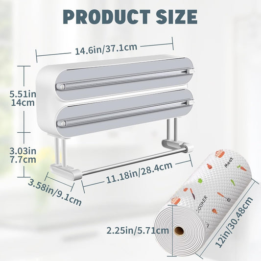 3 in 1 Plastic Wrap Dispenser with Cutter Magnetic Aluminum Foil | Wall Mount Kitchen Wrap Organizer, Cling Wrap Dispenser with Paper Towel Holder and Cutter