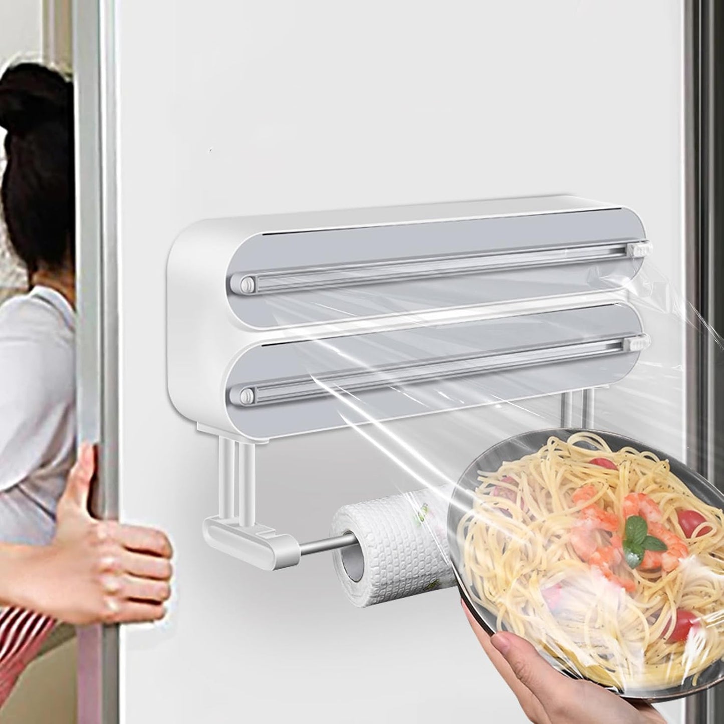 3 in 1 Plastic Wrap Dispenser with Cutter Magnetic Aluminum Foil | Wall Mount Kitchen Wrap Organizer, Cling Wrap Dispenser with Paper Towel Holder and Cutter