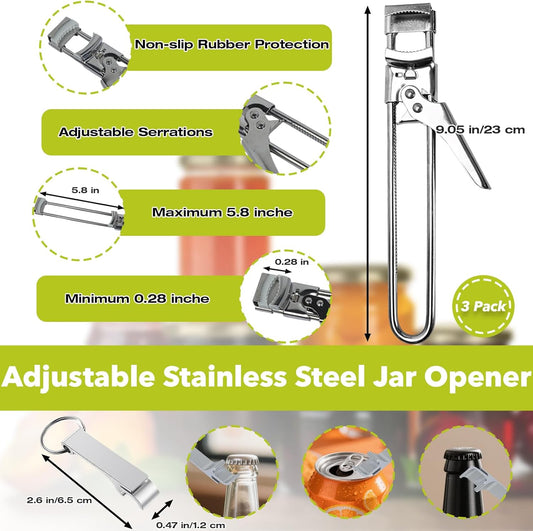 3-Pack Adjustable Stainless Steel Jar Opener - Multifunctional Jar Opener for Weak Hands, Seniors with Arthritis - Includes Keychain Opener - Opens Jars, Bottles, Containers Easily,Kitchen Accessories