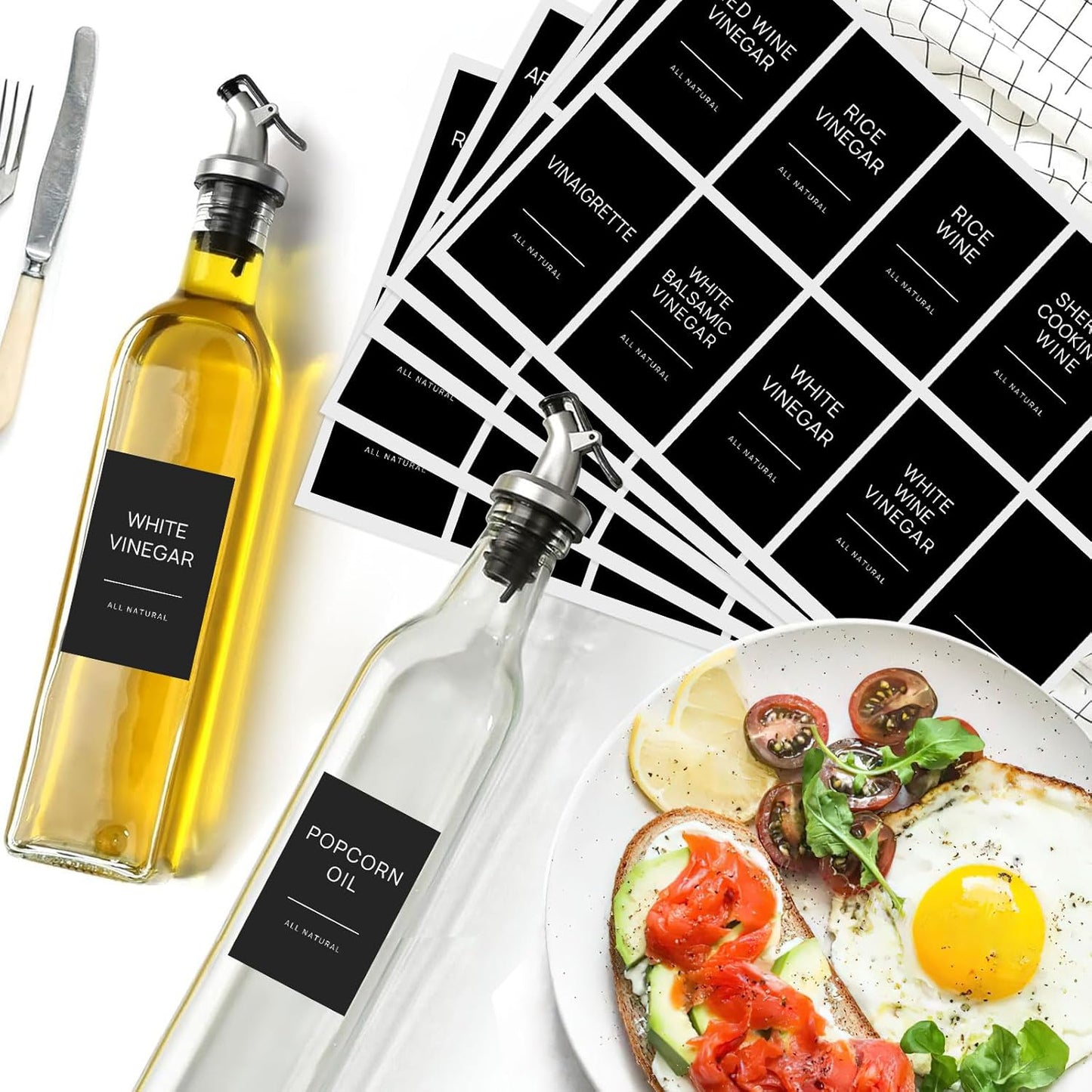 50 Oil and Vinegar Labels for Bottles,Preprinted Condiments Label Stickers for Organizing Oil Dispenser Bottles, Black Matte Minimalist Oil Jar Labels