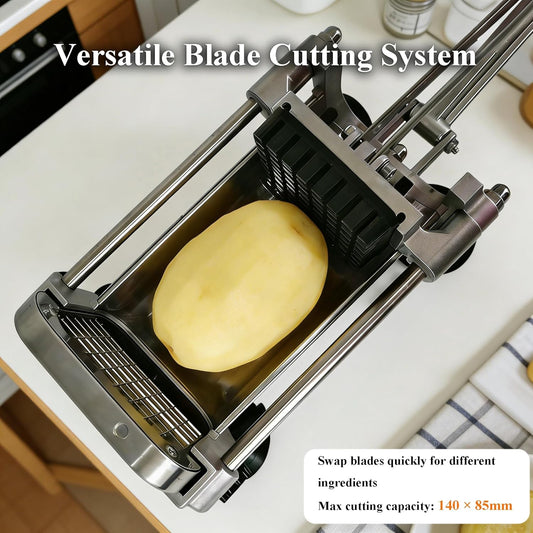 French Fry Cutter Professional Potato Slicer with 3 Interchangeable Blades, Aluminum Alloy Body, Stainless Steel Blades with 4 Large Suction Cups for Home Commercial Use (1/2"&1/4"&3/8" Blade)