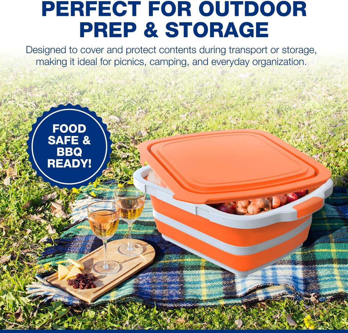 2-Pack XL Collapsible BBQ Prep Tub with Built-In Cutting Board, Lid & Strainer – Marinate, Drain & Prep – Large Food-Safe Container – Perfect for Grilling, Smoking & Outdoor Cooking (Black)