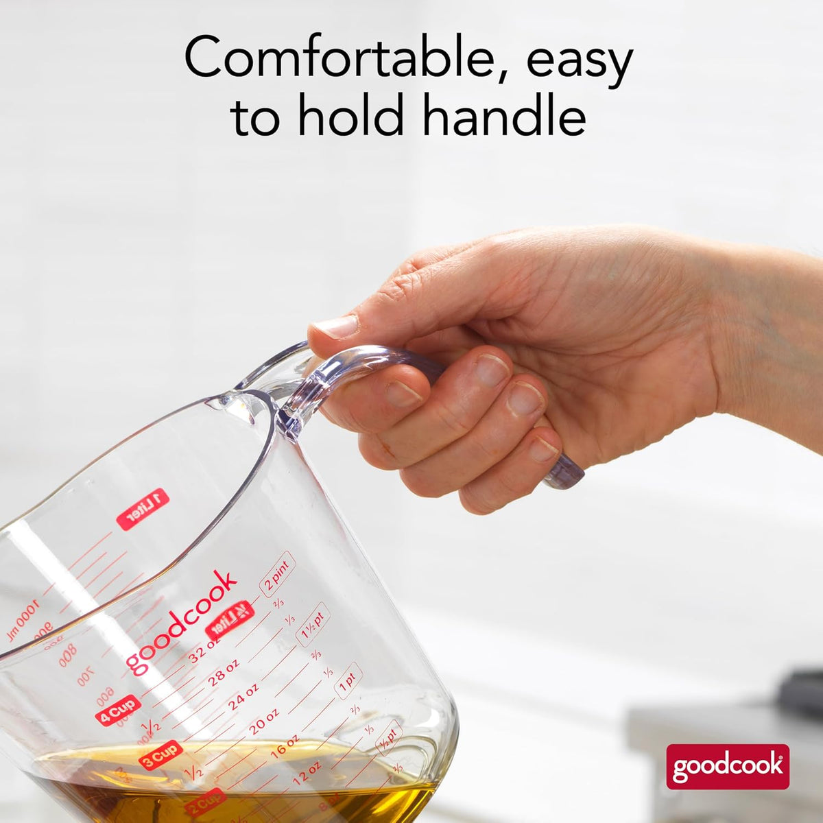 Everyday 4-Cup Liquid Measuring Cup, Clear Plastic with Easy-to-Read Markings, Tapered Pour Spout, Comfortable Handle, Measures in Cups, Ounces, Pints, and Milliliters