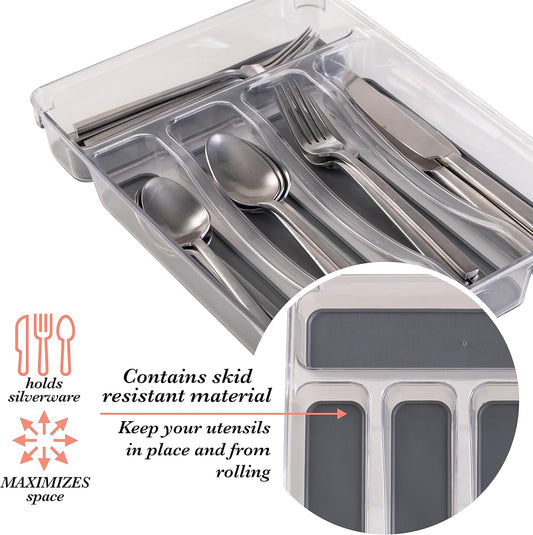 23195 Utensil and Cutlery Drawer Organizer, Divider, Tray, Storage, 5 Compartment, Clear