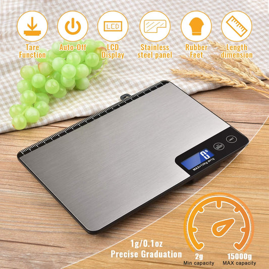 33lb Digital Kitchen Scale with Large Weighing Area (9 in) | Professional Food Scale, Stainless Steel Household Scale, Touch Control, LCD Display, Hangable, 6 Units, Tare, with Batteries