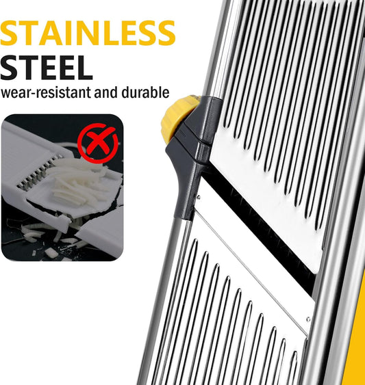 Adjustable Mandoline Food Slicer, Mandoline Slicer for Kitchen, Stainless Steel Mandolin, Fruit and Vegetable Cutter with Cut-Resistant Gloves and Cleaning Brush-Yellow