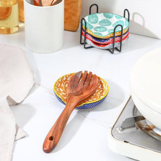 Ceramic Spoon Rest with Holder, 4.8 Inch Spoon Rest for Stove Top, Spoon Holder for Kitchen Counter, Coffee Spoon Holder, Utensil Rest for Cooking, Ladles, Tong, Set of 4, Assorted Colors