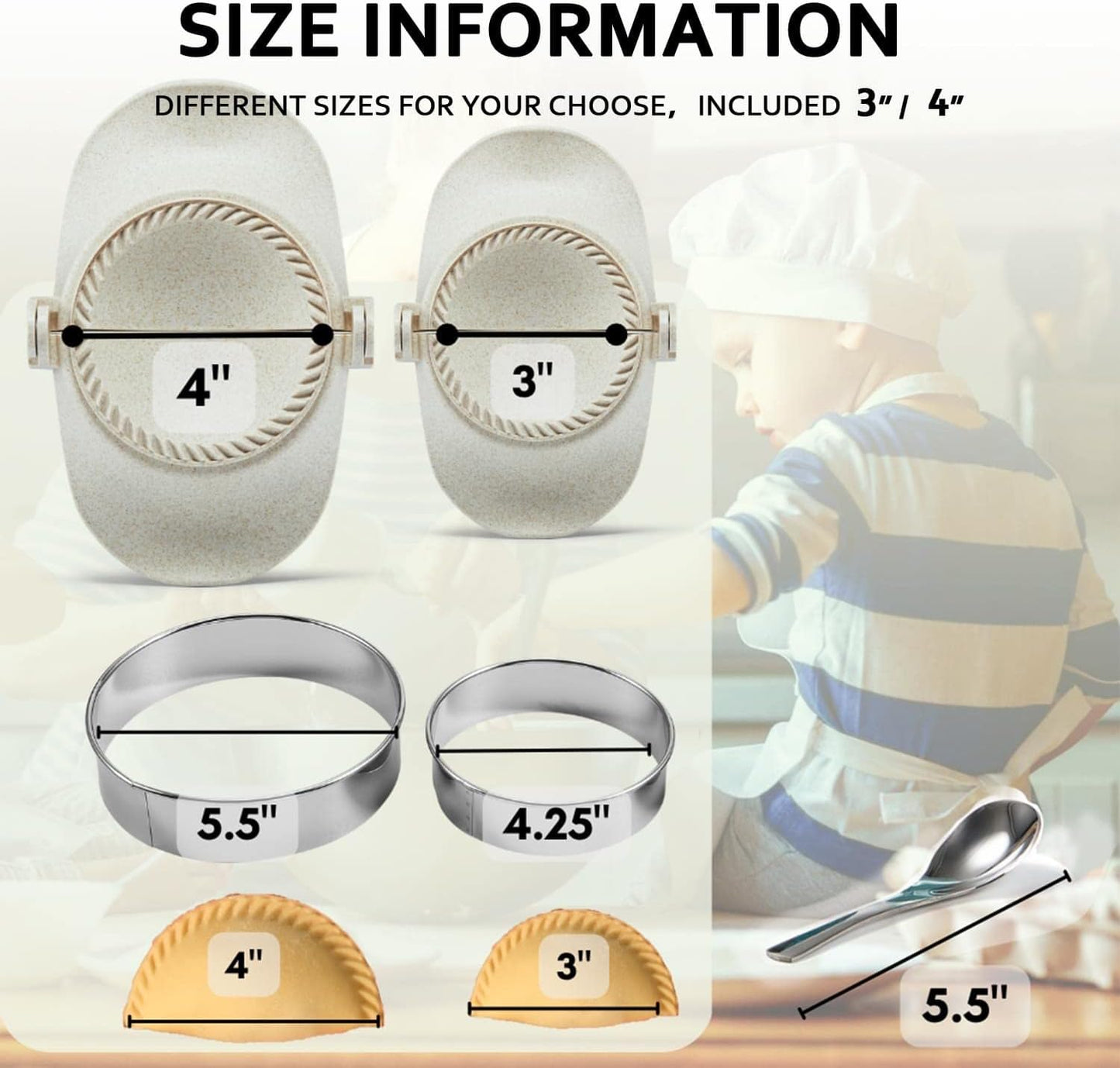 Dumpling Maker, Empanadas Press Mold Maker Set 3sizes (4"+3"+2.6") | Dumpling Mold Set with Dough Cutter for Pierogi, Pastelitos, Calzone, Turnovers, Chinese Dumpling White