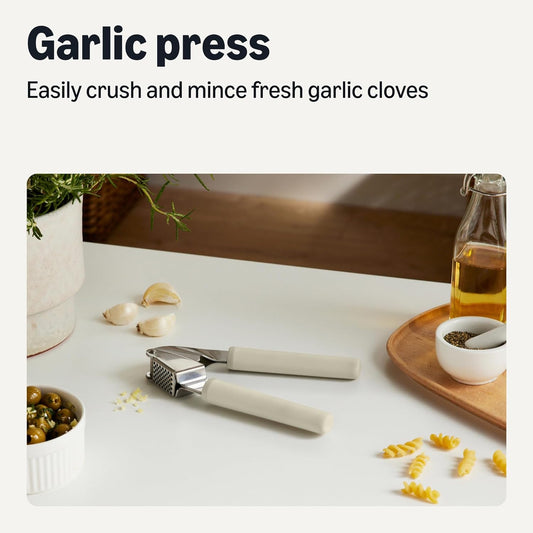 Garlic Press, Stainless Steel, Soft Grip Handle, Dishwasher-Safe, Linen Gray