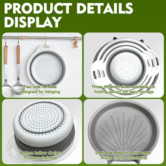 Collapsible Colanders Set, 3 Pack Food Strainers with Over-Sink Water Draining Base for Pasta Fruits and Vegetables
