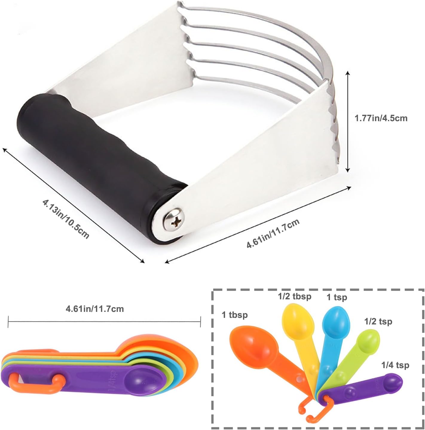 Dough Blender Stainless Steel Pastry Cutter Pastry Cutter & Measuring Spoons Set, Ergonomic Soft Grip Butter Mixer for Pie Crust Pizza Dough Biscuits Scones, Dishwasher Safe Baking Tool