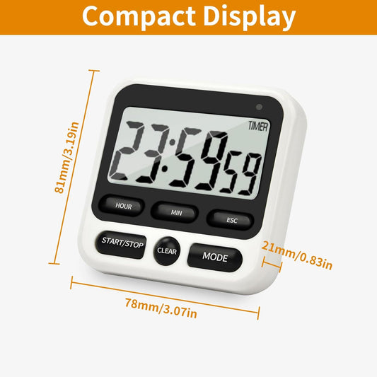 Digital Kitchen Timer 24 Hour with Clock, Countdown Count Up Timer | Silent/Loud Alarm Switch, Memory Function, Magnetic Feature, Large LCD Display, Portable Timer for Cooking, Baking & Study