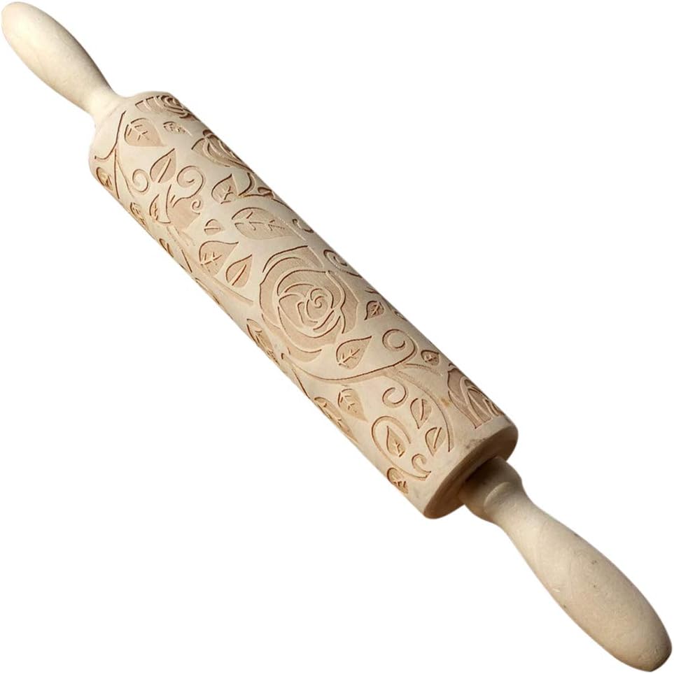 Wooden Rolling Pin, Rose Flower Embossed Engraved Carved Rolling Pin, Valentine's Day DIY Cookies Biscuit Fondant Cake Dough Roller Baking Tool (Wood color)