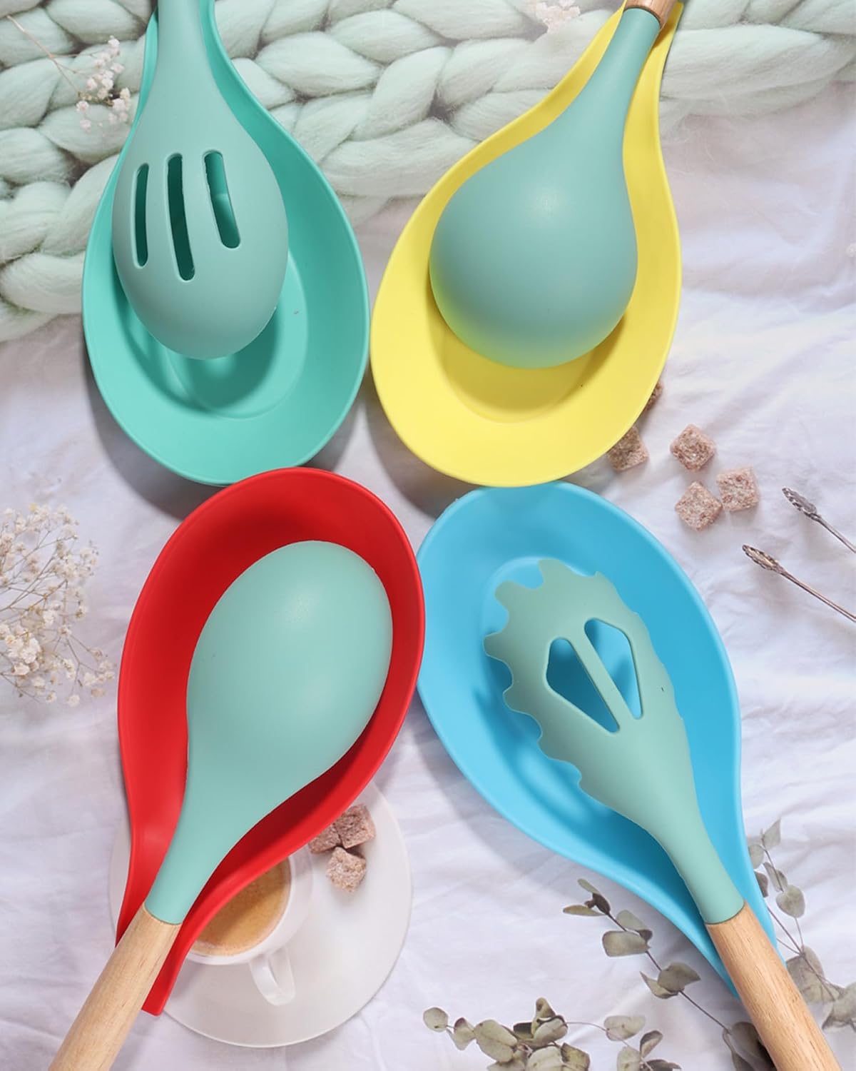 6 Pack Silicone Spoon Rest for Stove Top, Heat Resistant Kitchen Spoon Holder for Counter, Multi-Color (Multi-6)