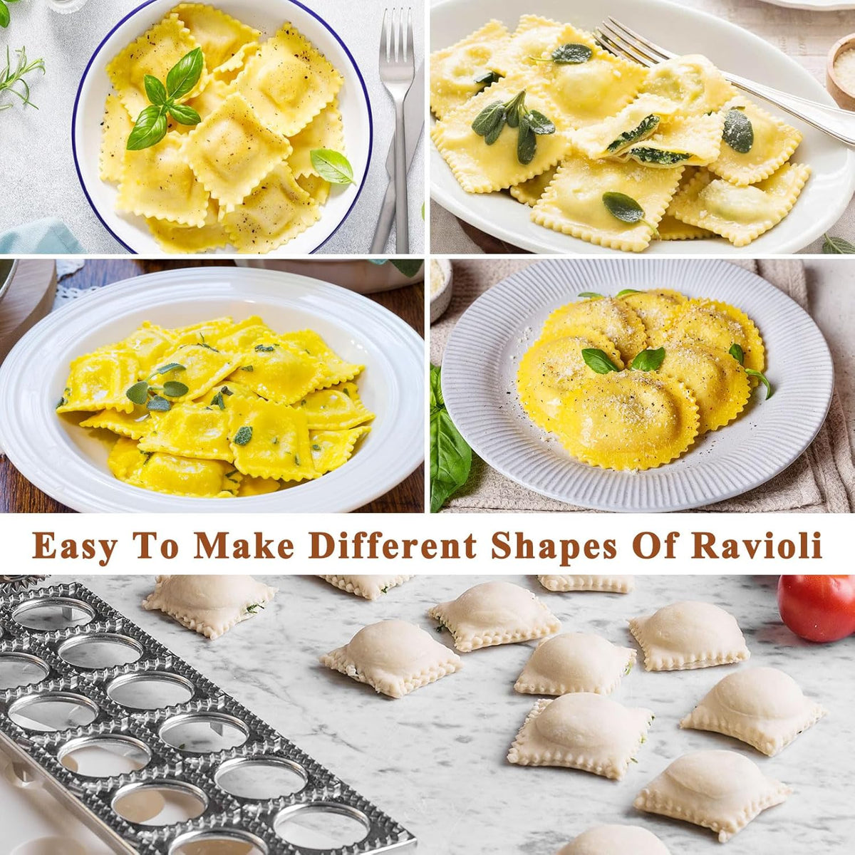 Ravioli Mold with 4 Ravioli Stamp Maker Cutter, 1 Wooden Rolling Pin | 12 Holes Ravioli Maker for Homemade Raviolis, Pasta Making Tools Set for Making Pasta, Dumplings, Pierogi, Lasagna, Meat Pie