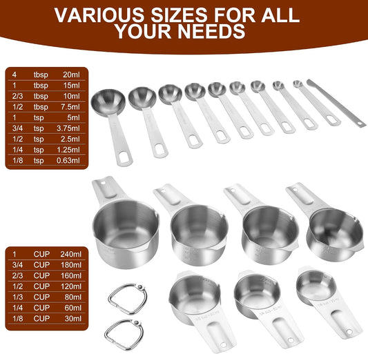 17 Pieces Measuring Cups & Spoons set, 7 Cups, 9 Spoons, 1 Leveler, 18/8 Stainless Steel,Kitchen Gadgets for Cooking & Baking with two Ring Connector, Silver