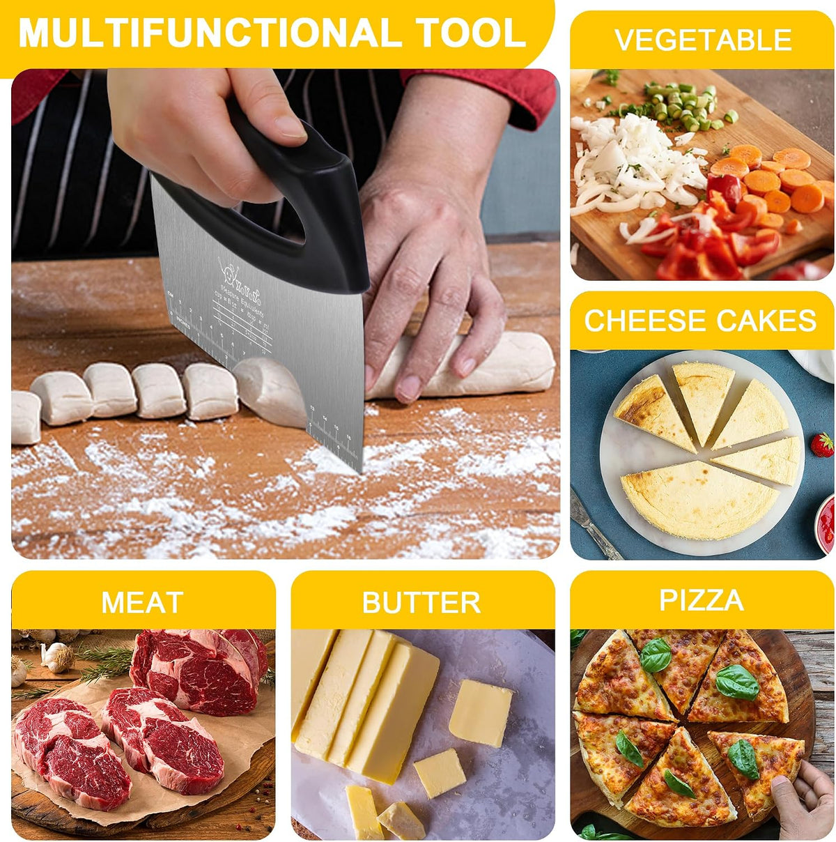 Bench Scraper Dough Cutter Salad Chopper with Cover and Large Stainless Steel Blade Vegetable Knife for Butter, Pizza, Cake, Onion