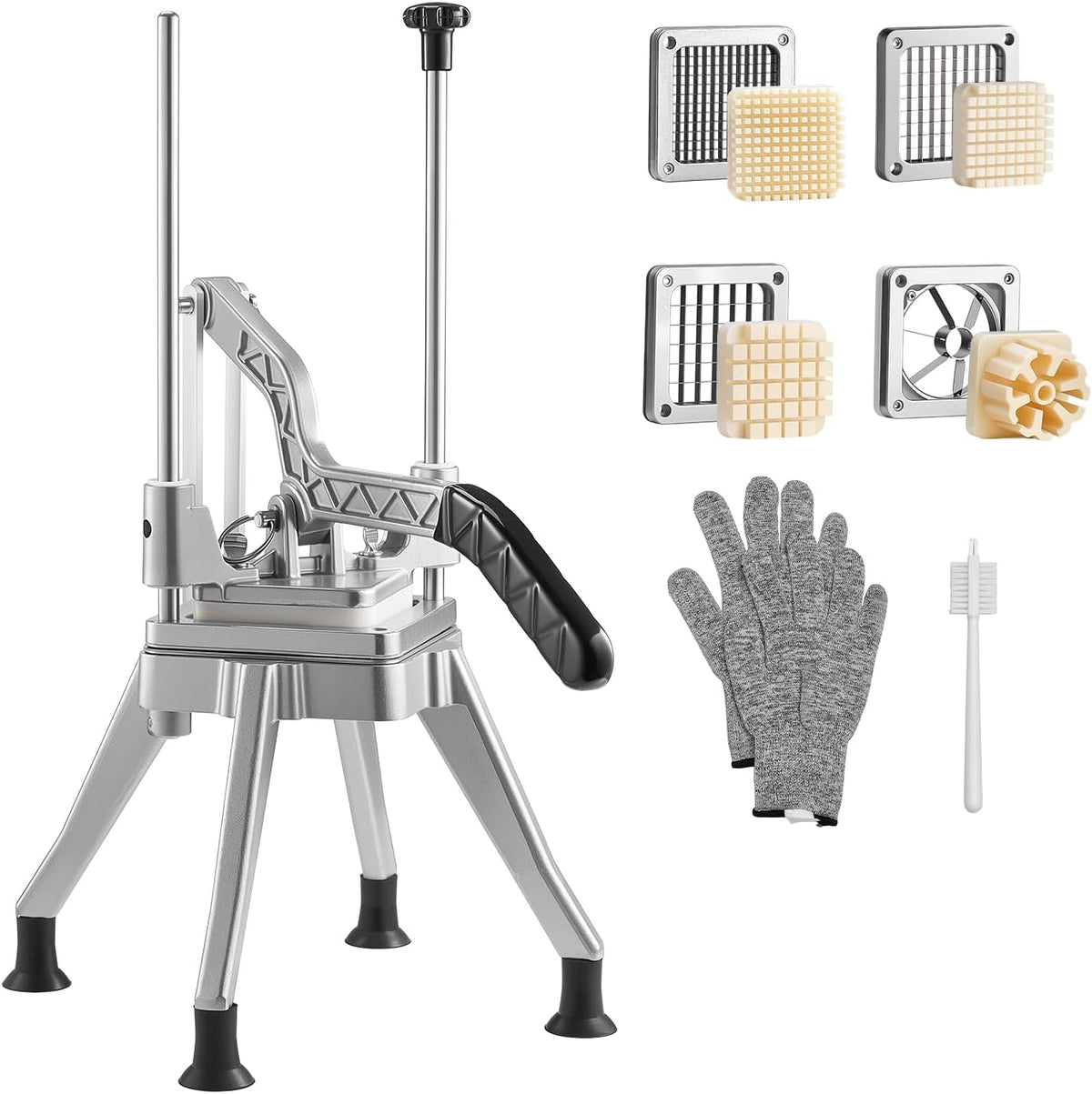Commercial French Fry Cutter with 4 Replacement Blades, 1/4" and 3/8" Blade Easy Dicer Chopper, 6-wedge Slicer and 6-wedge Apple Corer, Lemon Potato Cutter for French Fries with Extended Handle