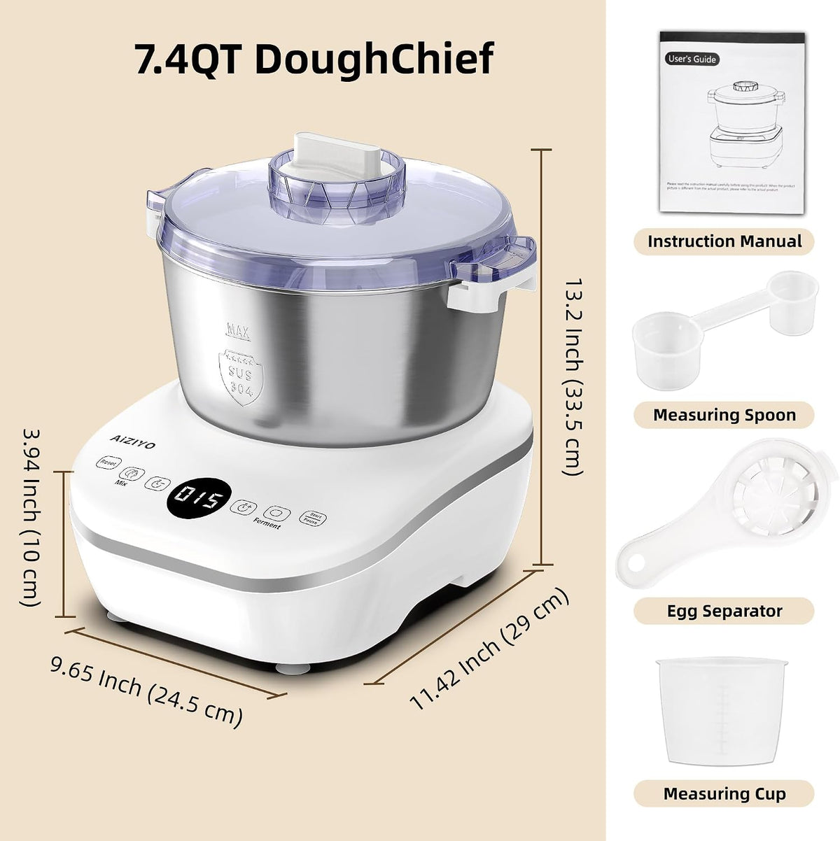DoughChief, 5.3QT Dough Maker, Dough Mixer with Ferment Function, 304 Stainless Steel Bowl, Removeable lid, Face-up Touch Panel, Electric Stand mixer for Pizza, Bread, Pasta & Mochi