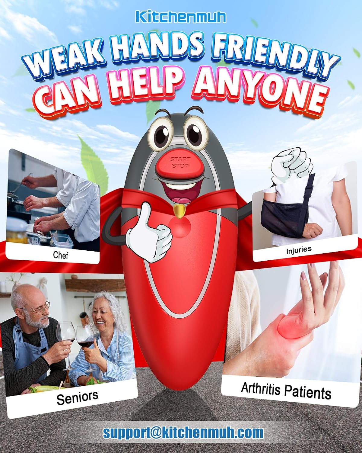 KITCHENMUH One Touch Electric Can Opener Fits All Can Sizes for Seniors with Arthritis, Battery Operated Can Opener with Smooth Edge, Food Safe Automatic Can Opener for Kitchen (Black+Grey)