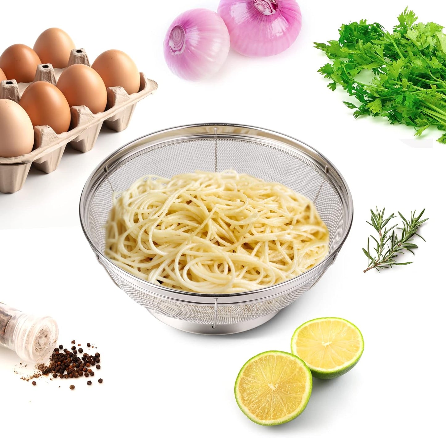 5 Pack Strainers for Kitchen, 18/8 Stainless Steel Colander, Fine Mesh Strainer for Pasta, Rice and Fruit, Sieve for Strain, Drain, Rinse or Steam, Multi Size Sifter