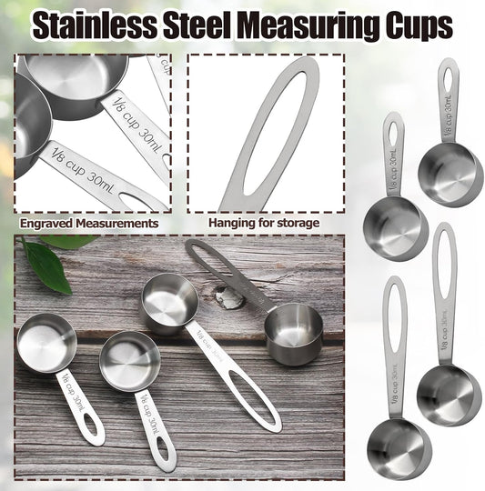 Stainless Steel Measuring Scoops, 1/8 Cup (30ml), 4 Pcs | Long/Short Handle, For Coffee, Tea, Baking, Kitchen