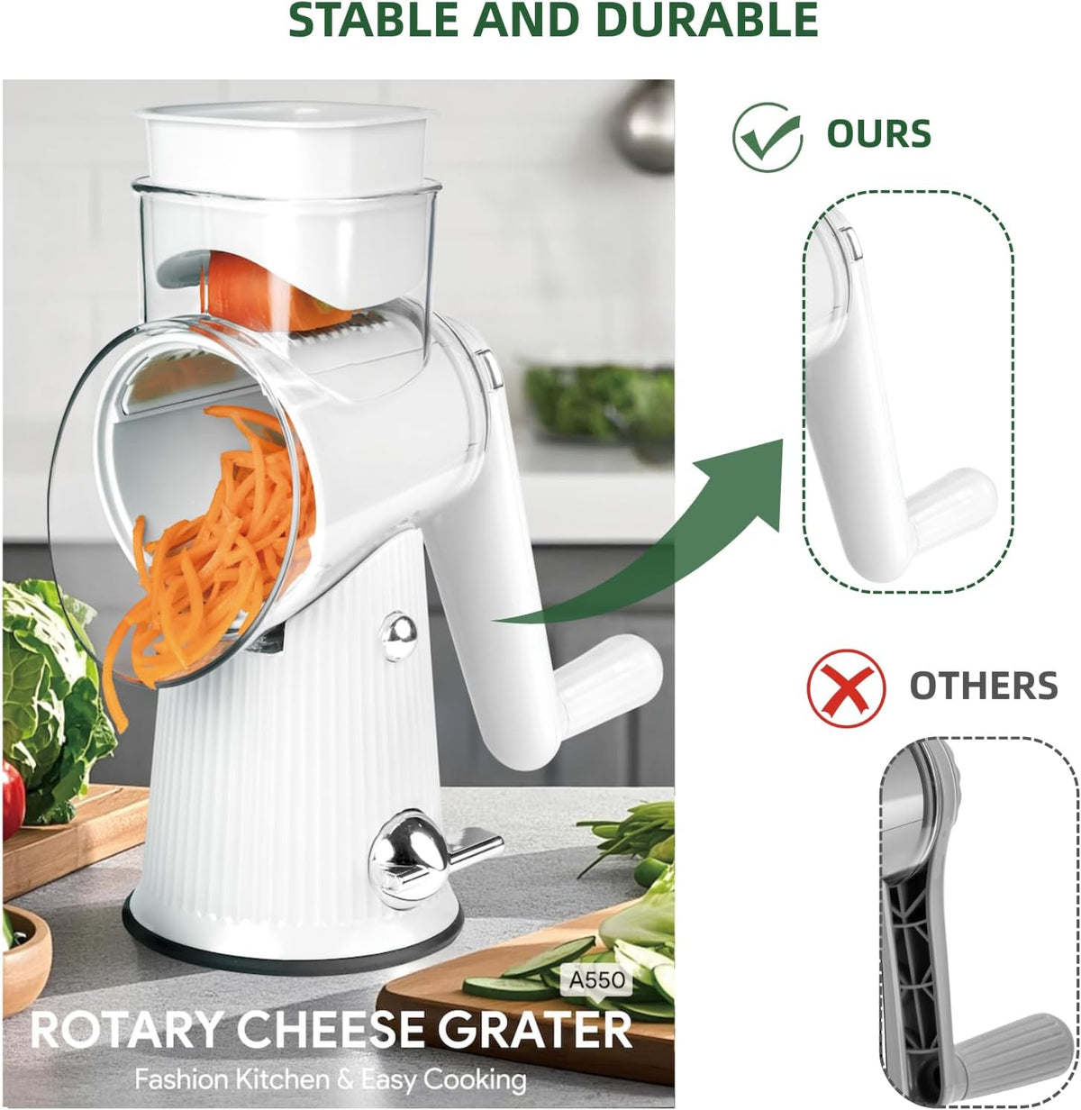 Rotary Cheese Grater with Handle - Vegetable Shredder with 5 Blades & Strong Suction Base, Round Slicer & Food Chopper for Kitchen (Green)