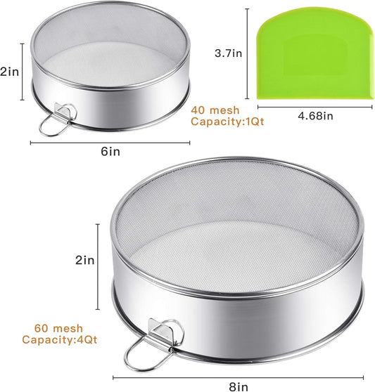 Stainless Steel Flour Sifter, 6-Inch, 8-Inch Sieve Fine Mesh Strainer Round Sifting Pan for Baking Straining Powdering Bread Dough Cake Fondant Icing