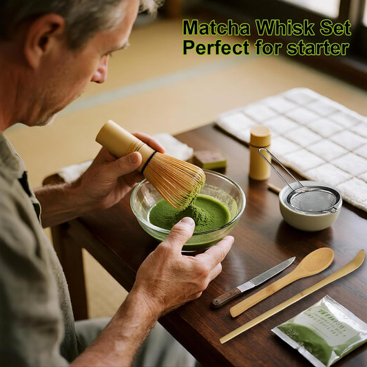 Matcha Whisk Set, Matcha Making Kit Whisk, Ceramic Whisk Holder, Bamboo Scoop, Powder Starter Sifter, Spoon Japanese Tea Tools Unique Gifts for Women/Men Mom/Dad, Birthday Gift for Friend/Family