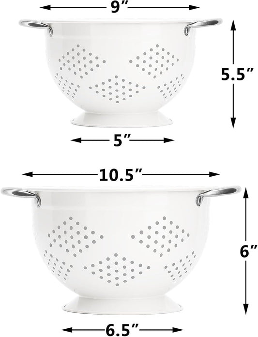 Powder Coated Steel Colanders: 3 Quart and 5 Quart Set of 2 - White | Dishwasher Safe | Pasta Strainer | Vegetable Strainer | Ergonomic Side Handles | Space-Saving Nesting Design