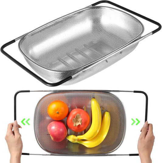2 Pcs Over the Sink Colander, Strainers and Colanders for Kitchen Sink Strainer Basket with Expandable Handles Stainless Steel Strainer,Pasta Vegetable Food Fruit Strainer
