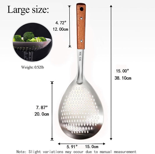 Stainless Steel Mesh Spider Strainer Wooden Handle On Pasta Noodle | Food-Grade stainless steel fine mesh spoon,metal strainer,large draining design,multipurpose kitchen tool for fruit food