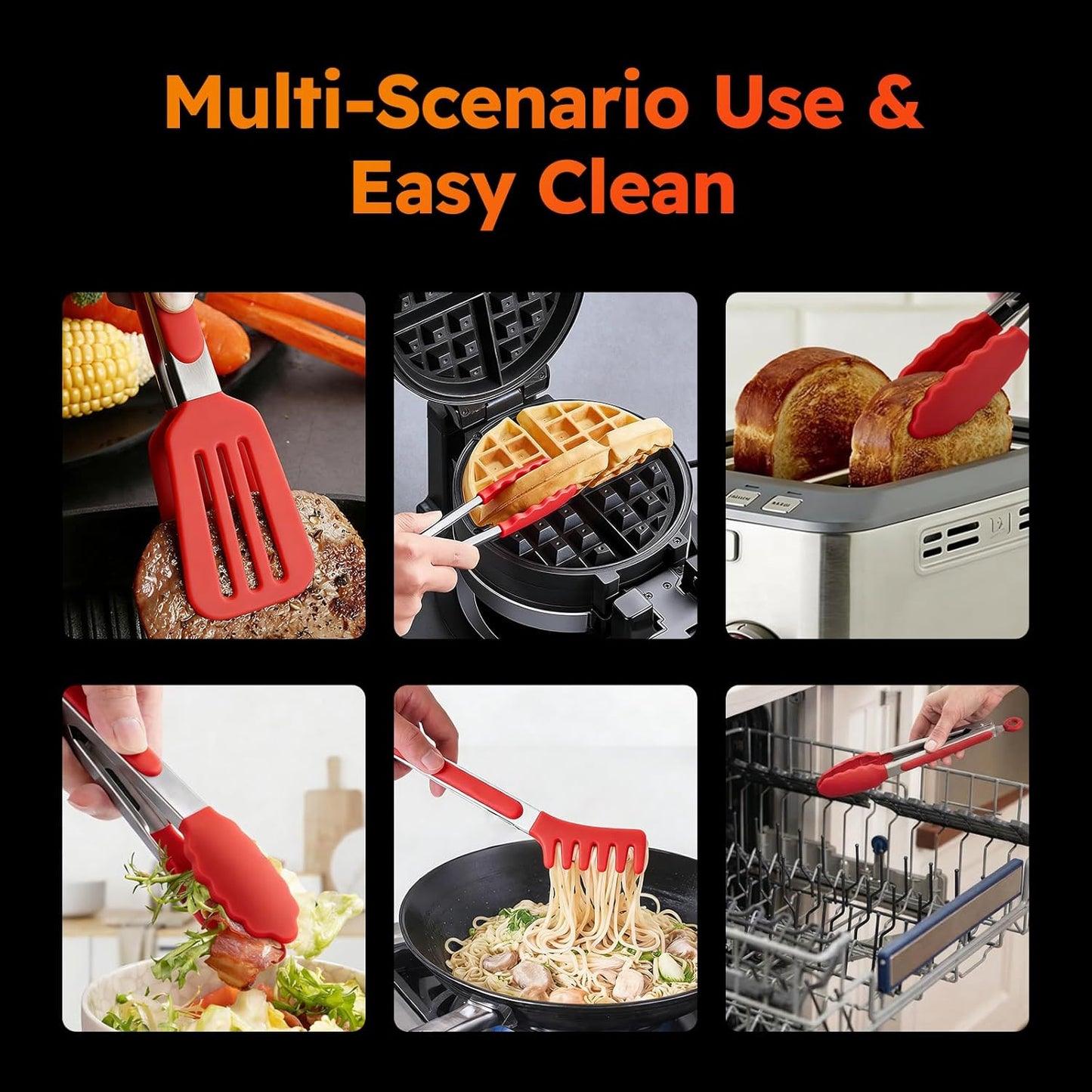 3 Pack Kitchen Tongs, Non Stick Stainless Steel 9 Inch Tongs With Silicone Tip for Cooking BBQ Baking(Red)