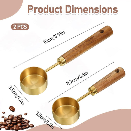 2 PCS Coffee Scoop Gold 1 Tablespoon Measuring Spoon (15ml) Stainless Steel Coffee Measuring Spoon Vintage 1 Tablespoon Scoop with Wooden Handle for Tea, Kitchen