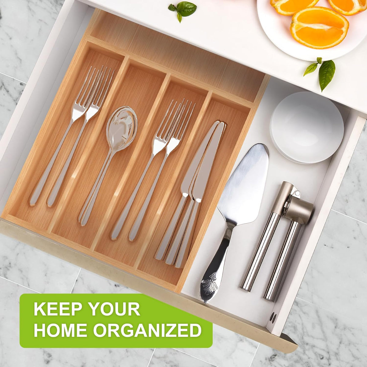 Bamboo Utensil Drawer Organizer with Removable Dividers, Kitchen Organizer for Flatware Cutlery, Silverware Tray for Drawer (5/4 Flexible Slots, Natural)