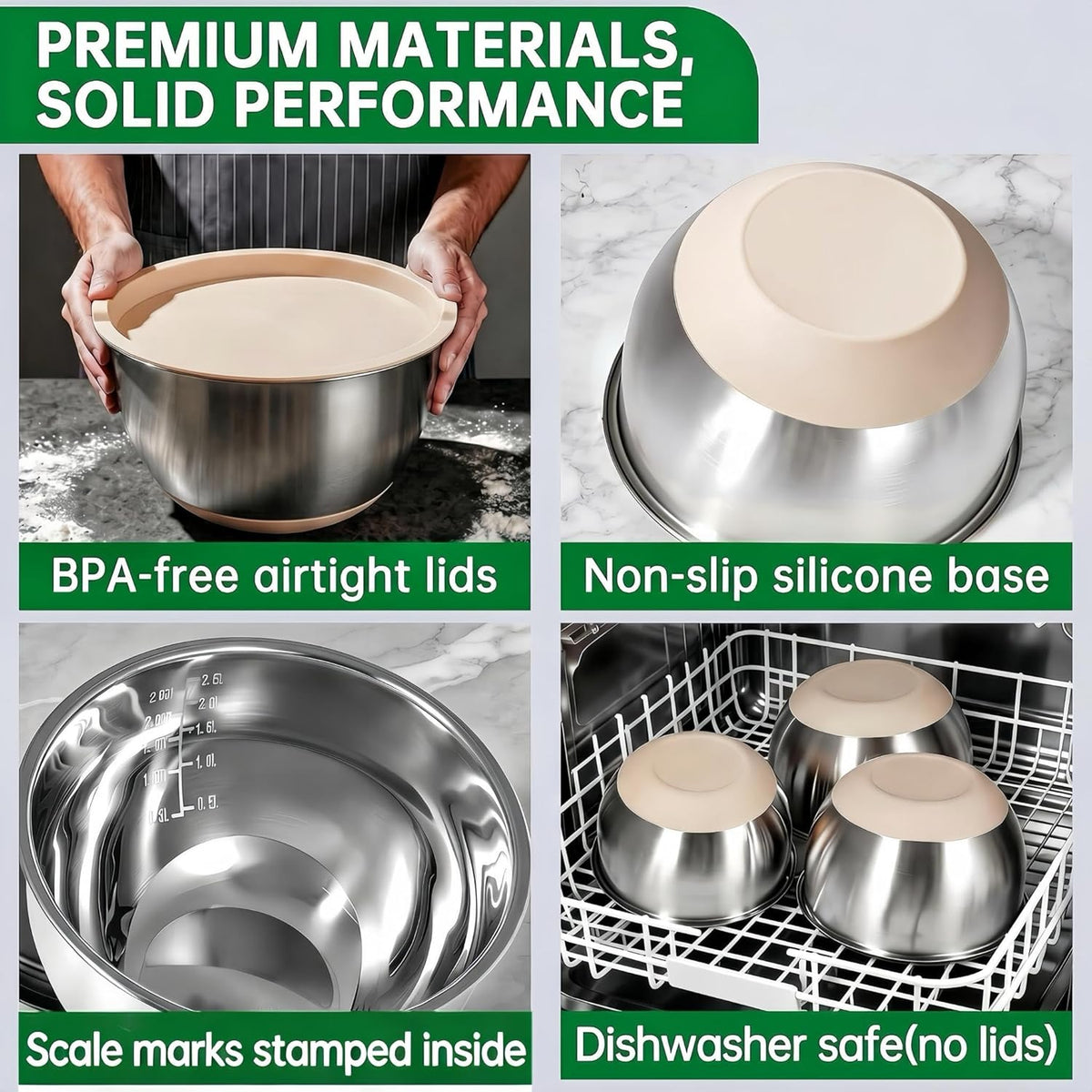 Mixing Bowls with Airtight Lids, Stainless Steel Mixing Bowls Set